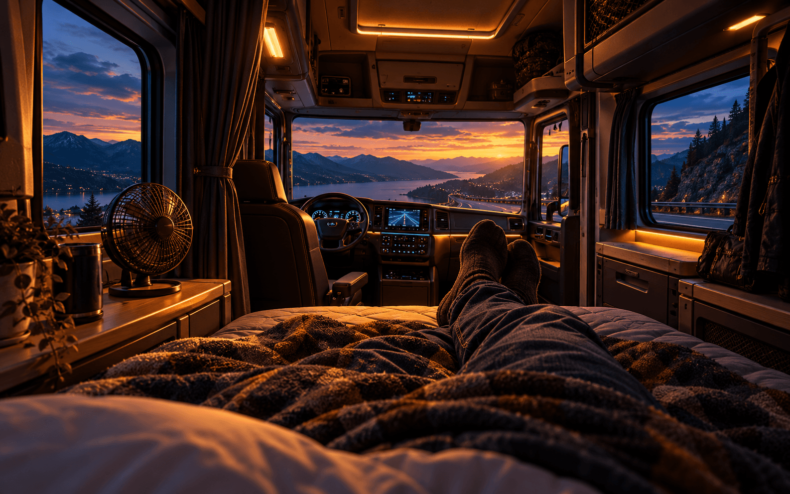 Concept first-person view of boots and legs on a sleeper bunk with a blanket, fan and warm cabin lights