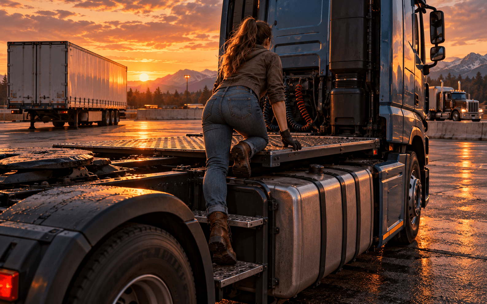 Concept artwork: a female driver climbs onto a parked truck chassis, viewed from behind