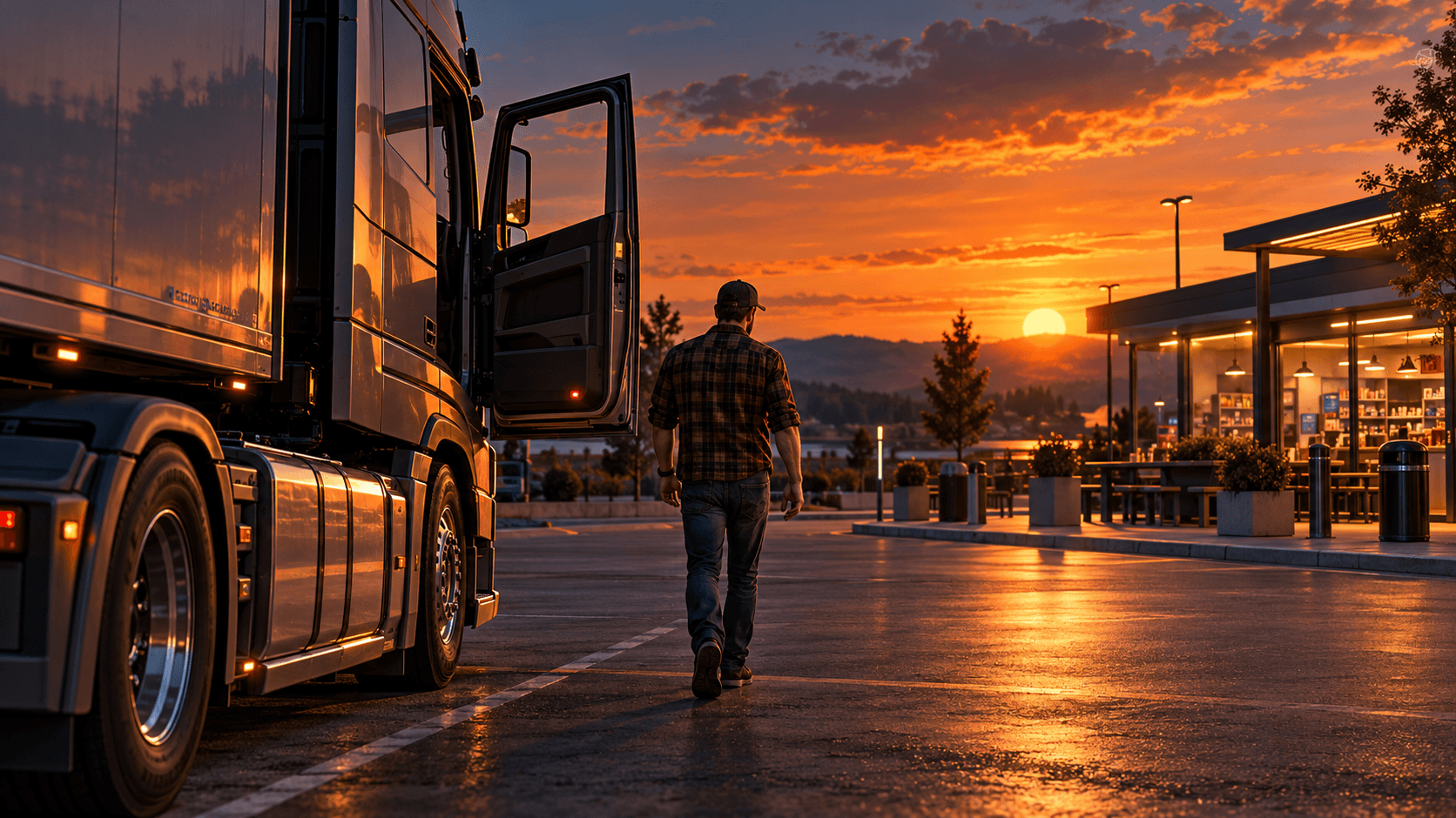 Feature illustration of a driver walking from a parked truck toward a roadside shop at sunset