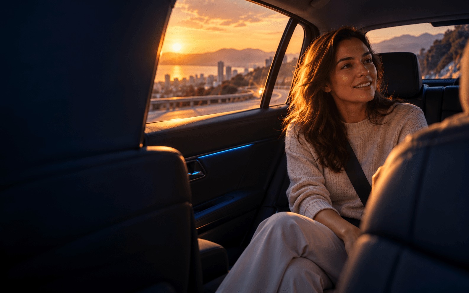 Concept illustration of a passenger chatting in the rear seat at sunset