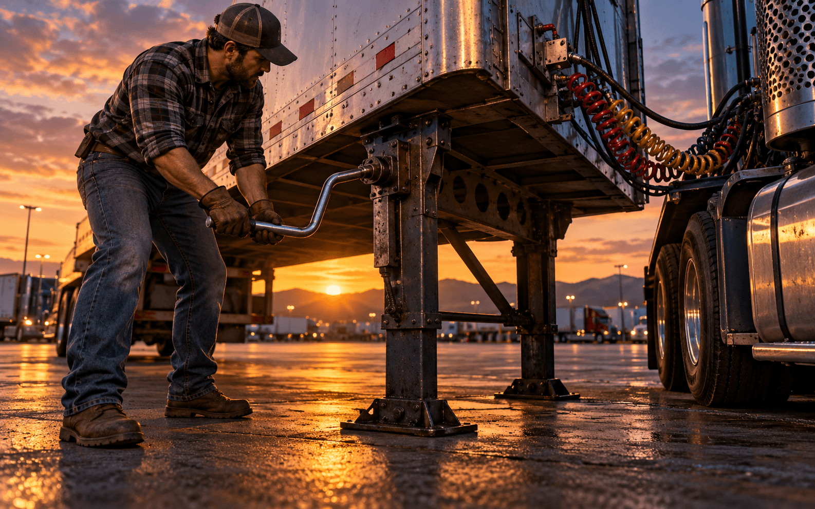 Concept artwork of a driver operating a semi-trailer landing-gear crank beside coiled hoses